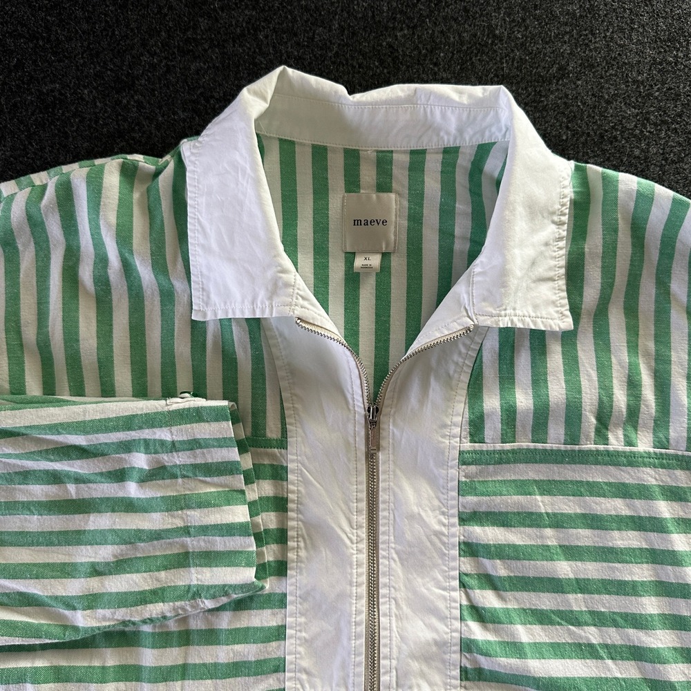 Maeve Anthropologie Green White Striped Zip Front Peplum Top XL OB2253650